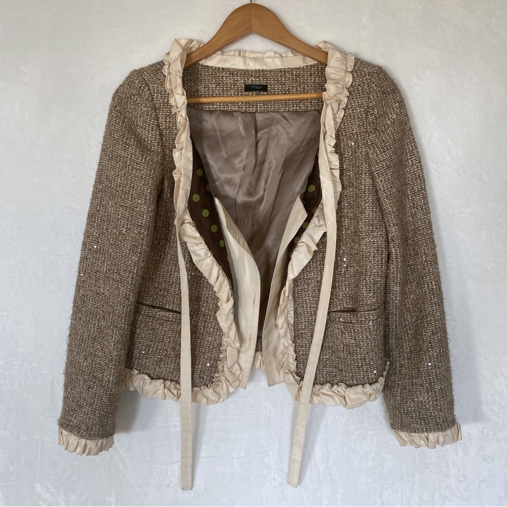 J. Crew Tan Tweed Blazer with Ruffle Edges
